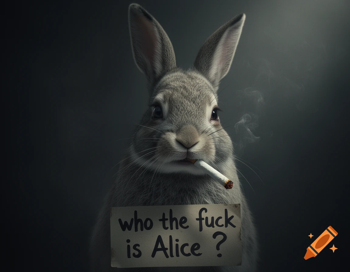Photorealistic gray rabbit with a lit cigarette in its mouth, holding a sign that reads 'who the fuck is Alice?'