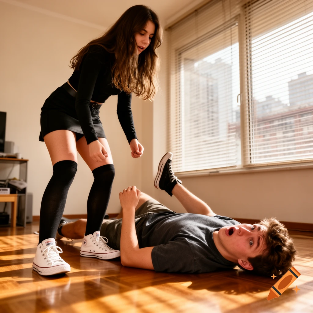 A brunette girl in a black top, mini skirt, knee socks, and white Converse stands over a boy lying on the floor, who looks surprised.