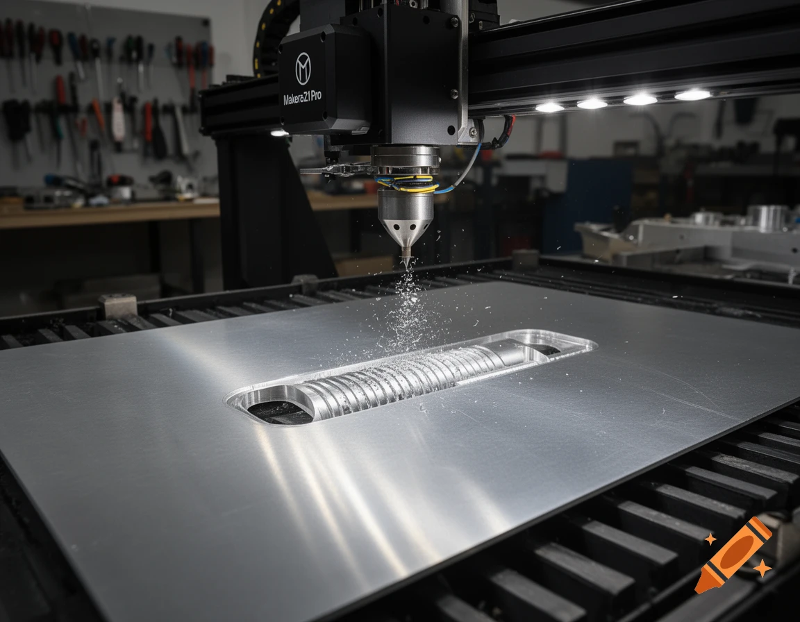 A close-up of a Makera Z1 Pro CNC machine cutting into a silver metal plate, producing fine white metal shavings.