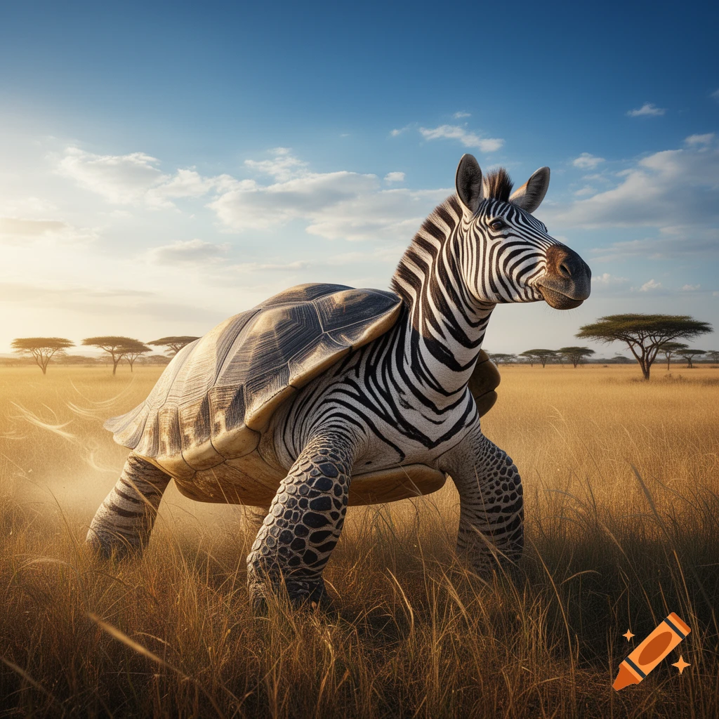 A photorealistic zebra-turtle hybrid stands in a golden savanna landscape under a blue sky.