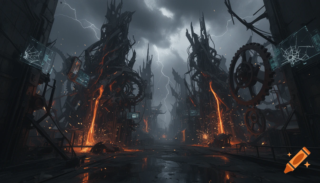A dark, ominous dystopian landscape with twisted mechanical structures, flowing lava, large gears, glowing screens, and lightning in a stormy sky.