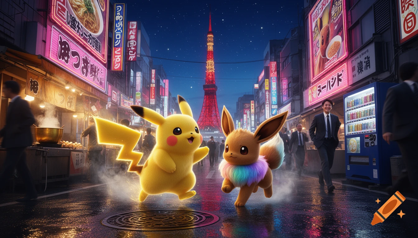Pikachu and Eevee run on a rain-slicked Tokyo street at night, surrounded by glowing neon signs and a red Tokyo Tower in the background.