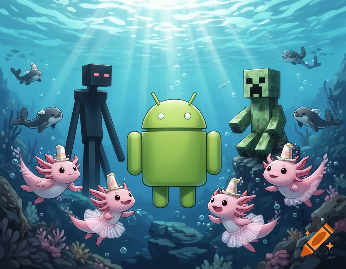 Cartoon underwater scene with Android Bugdroid, Enderman, Creeper, cute axolotls wearing hats, and seals with tutus.
