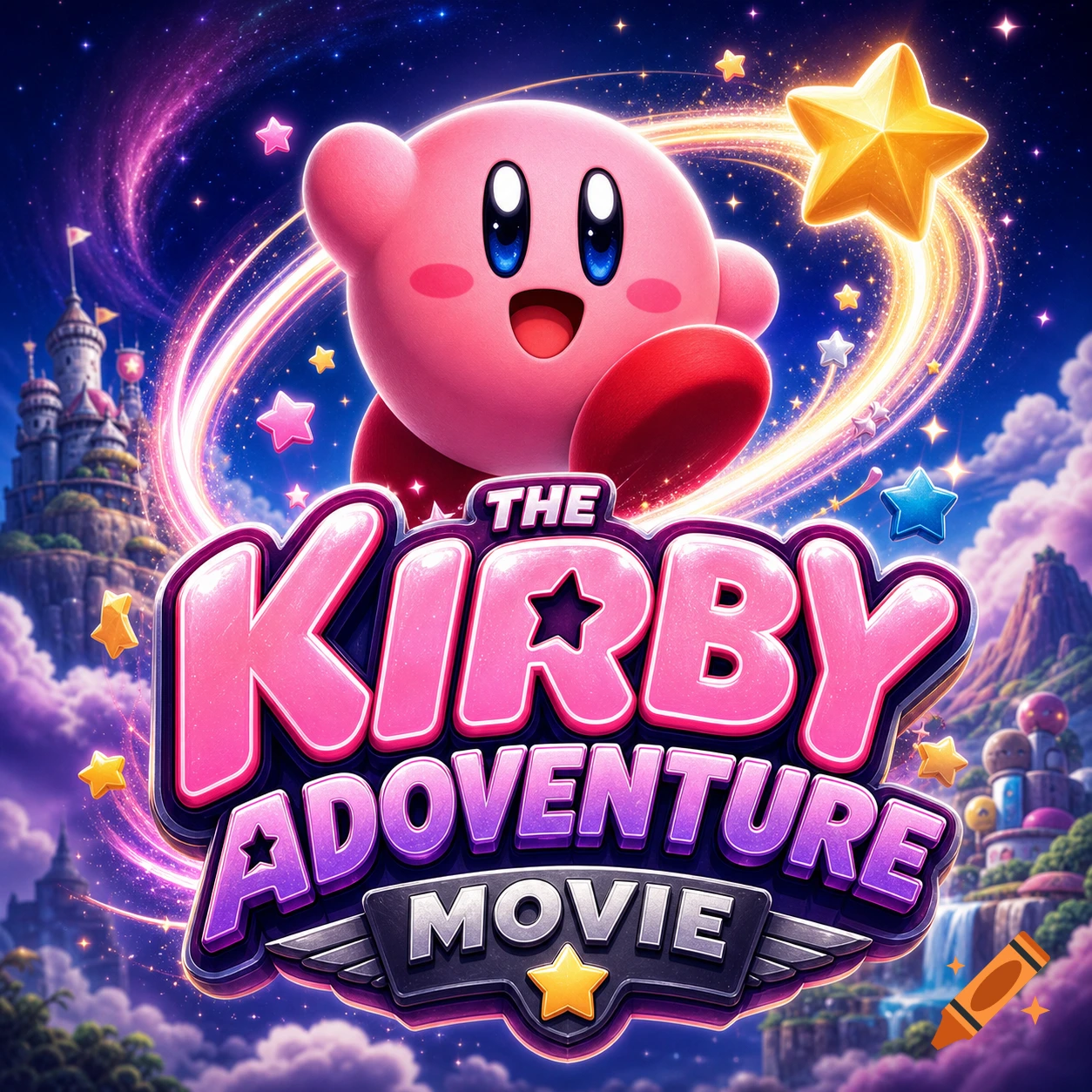 Kirby floats happily amidst a vibrant, starry sky with a magical fantasy landscape, above a stylized movie logo for "THE KIRBY ADOVENTURE MOVIE".