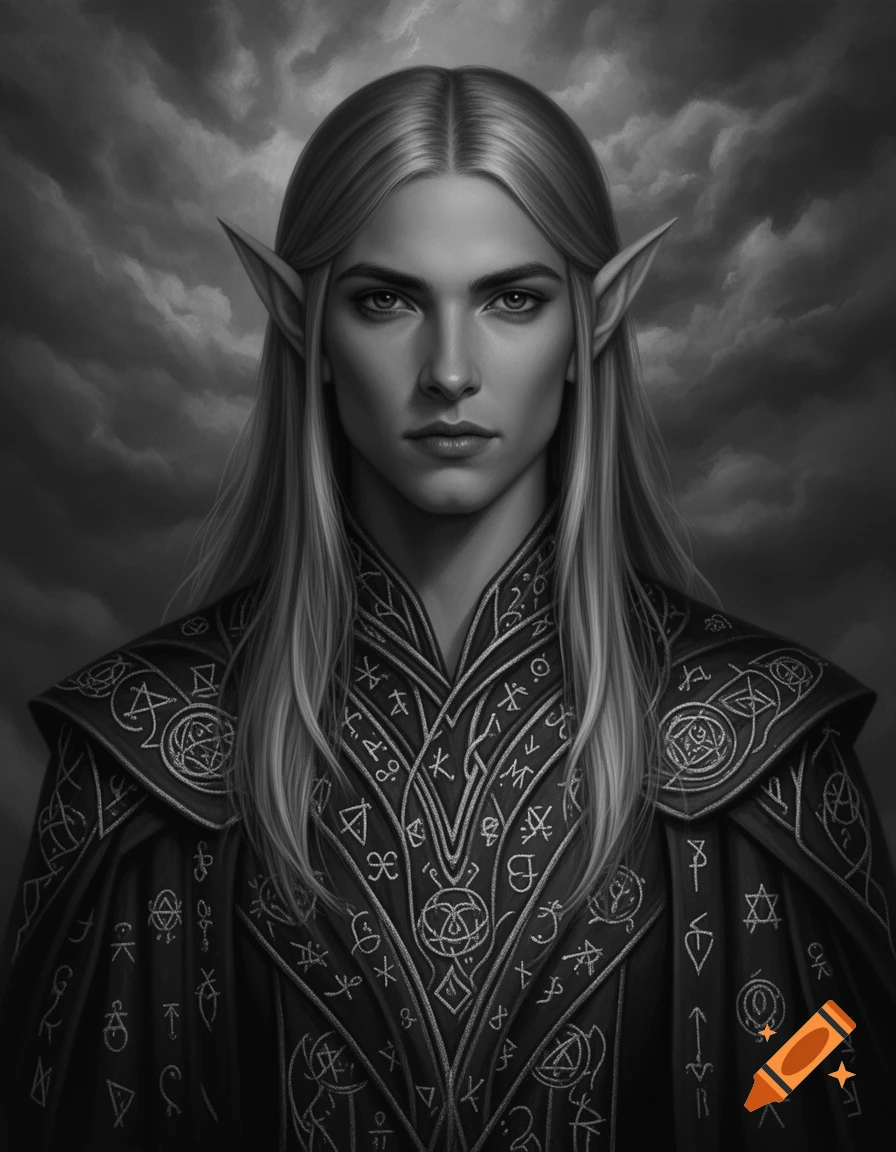 Monochrome portrait of a male elf warlock with long blonde hair and pointed ears, wearing an intricately patterned cloak, against a stormy sky.