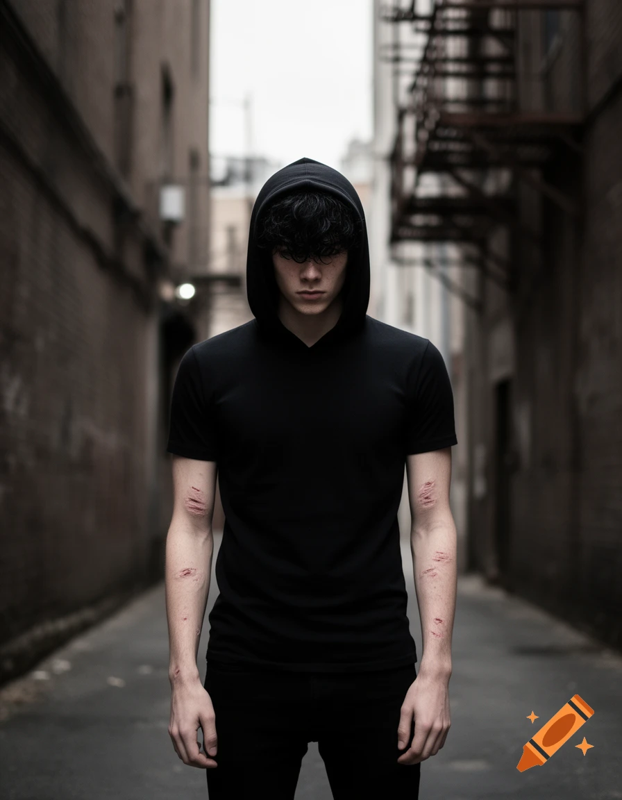 Photorealistic portrait of a young man in a black hoodie with cuts on his forearms, standing in a dark, moody alley.