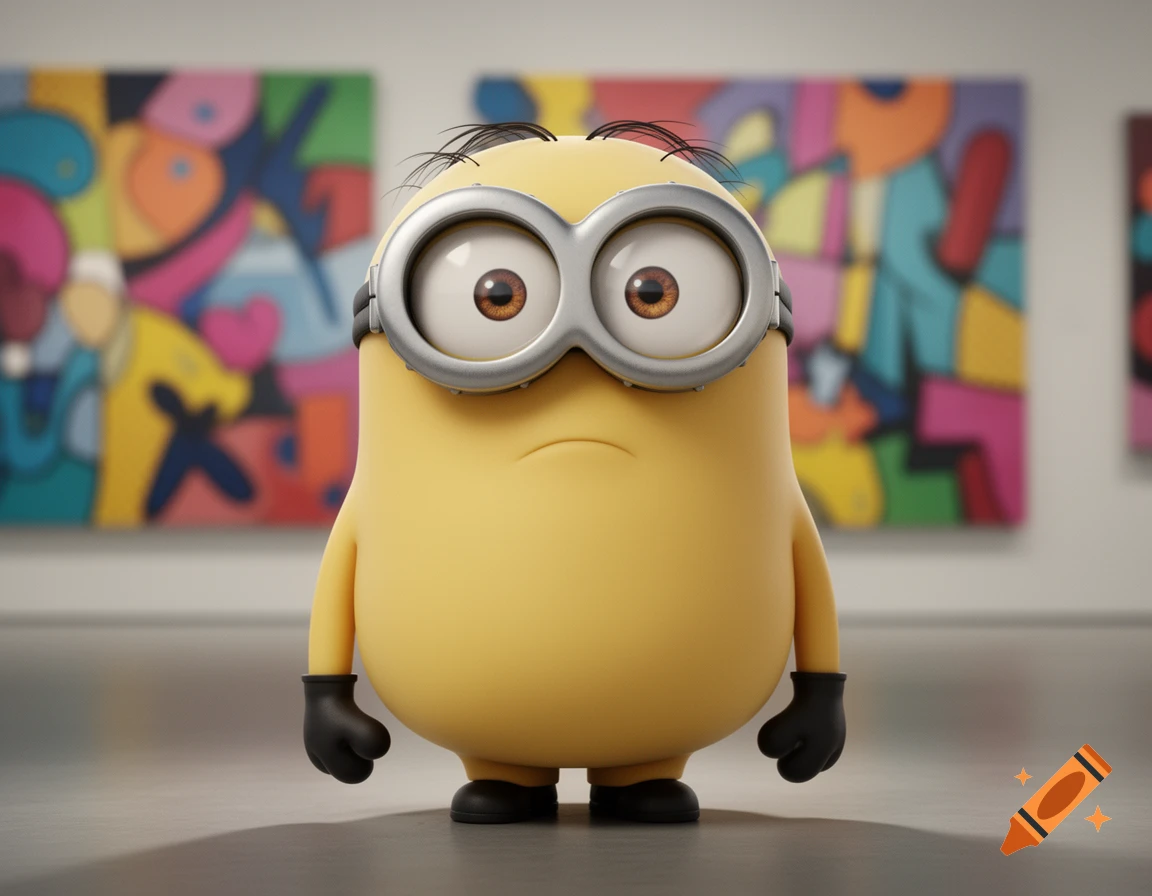 A round yellow Minion character with goggles, black gloves, and shoes stands solemnly in an art gallery in front of colorful abstract paintings.