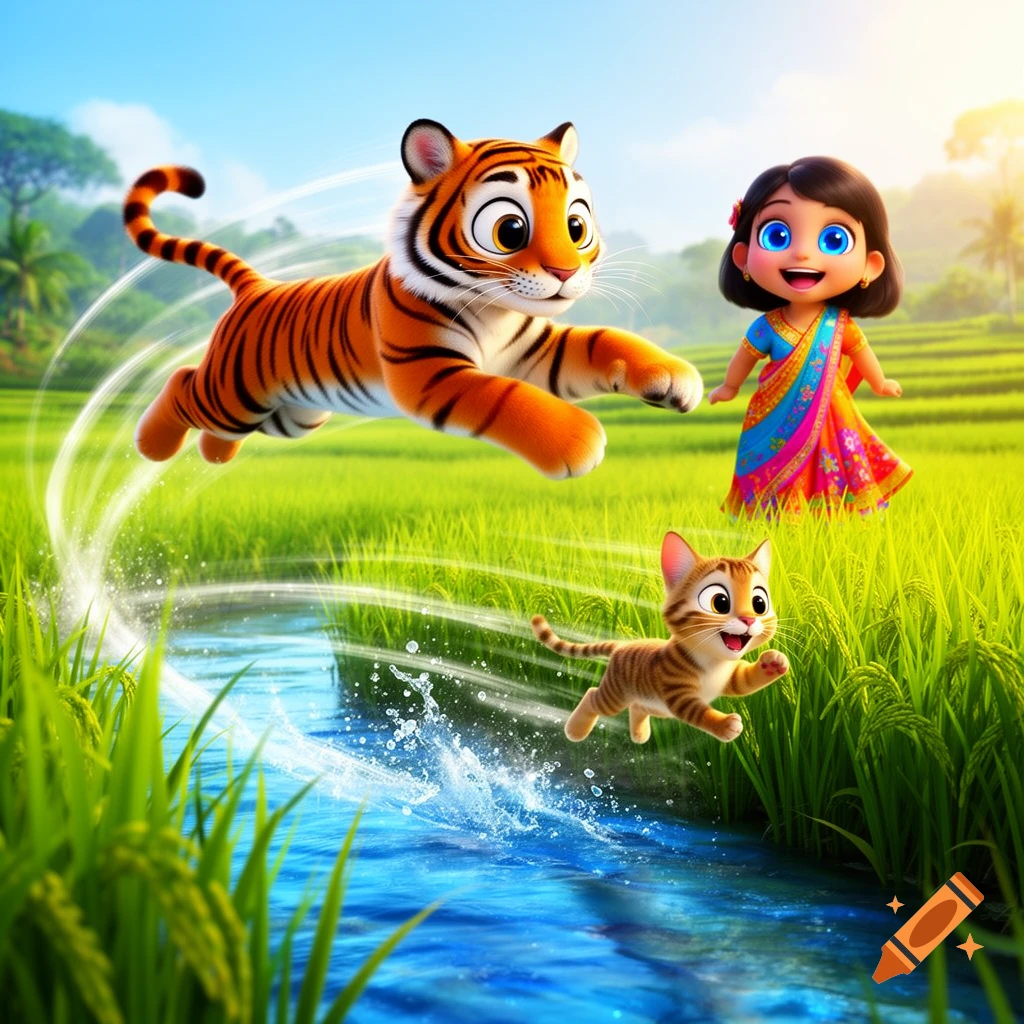 A whimsical 3D animated tiger leaps over a stream in a sunny rice field, a kitten runs nearby, and a girl in a colorful dress watches.