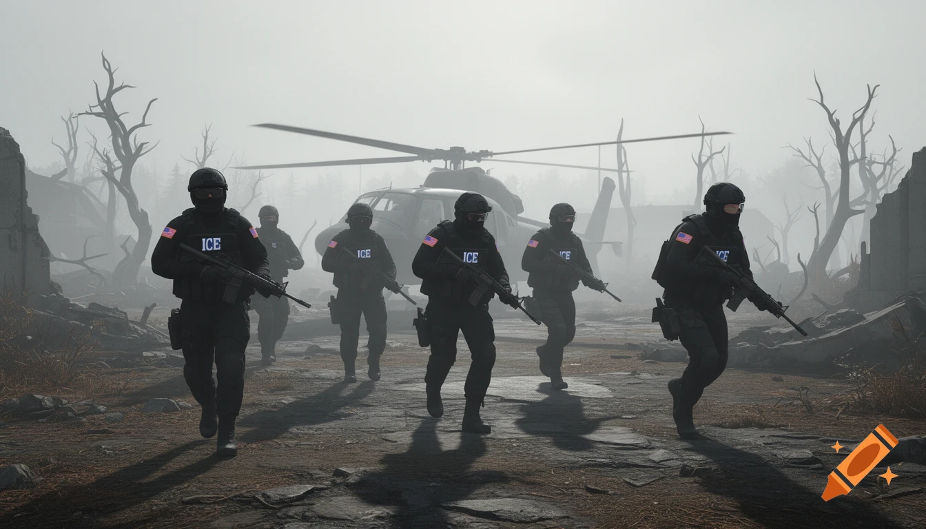 A squad of armed ICE officers in tactical gear walk through a foggy, desolate landscape towards a helicopter, evoking a DayZ-like setting.