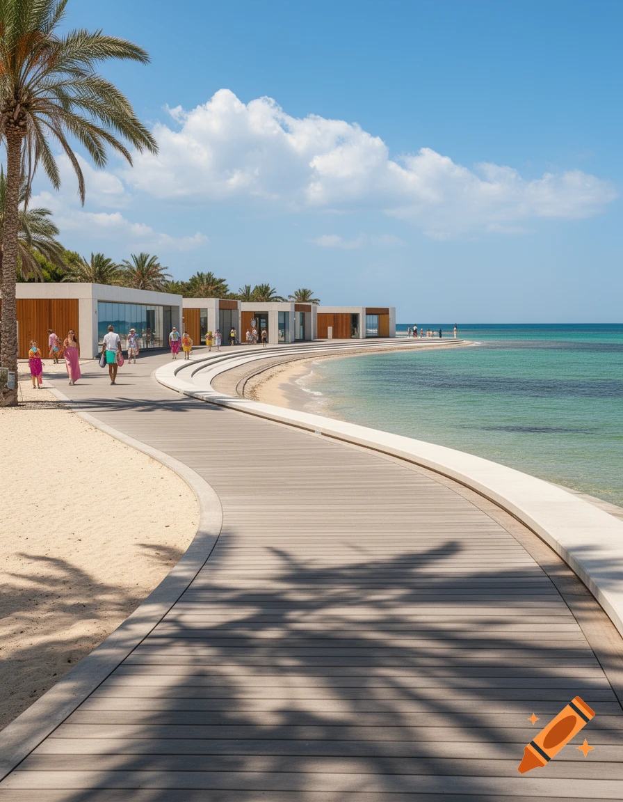 A modern boardwalk curves along a sandy beach next to turquoise ocean, with contemporary white buildings and palm trees under a blue sky.