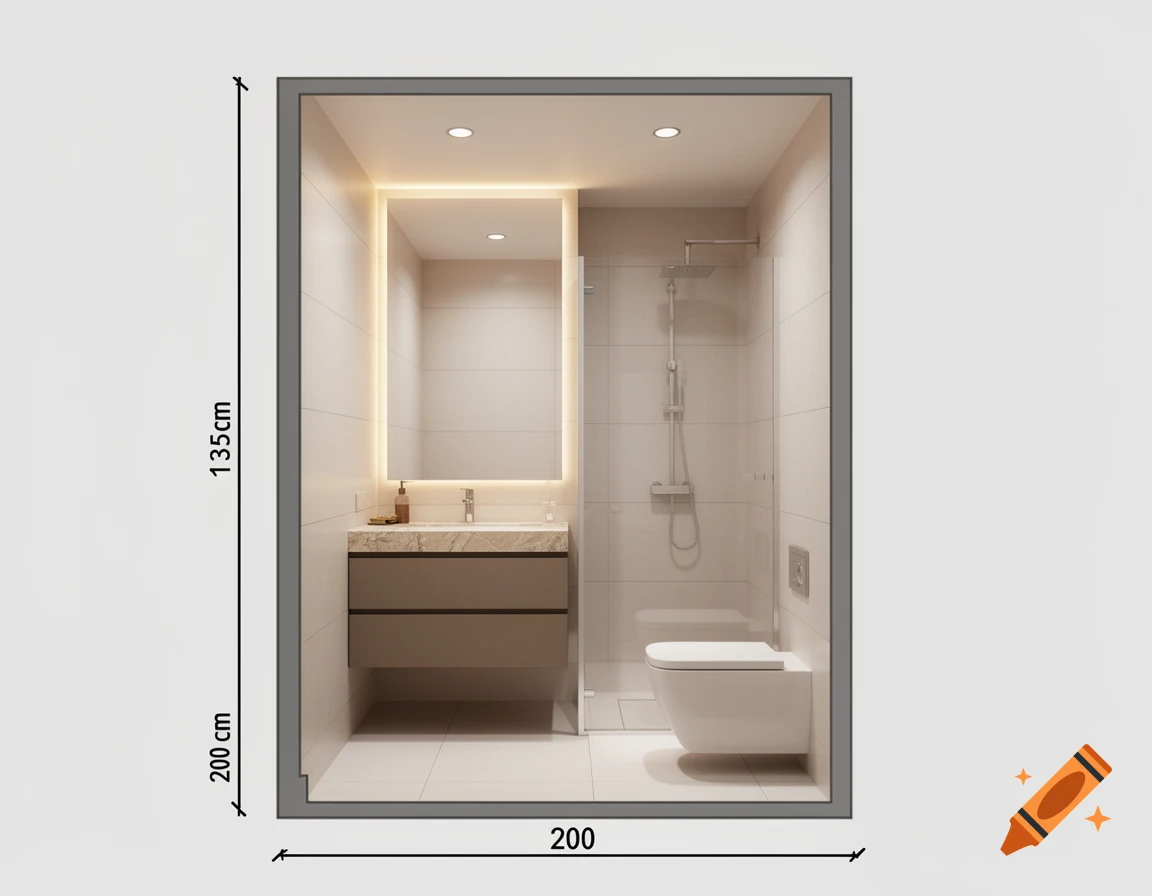 Overhead view of a compact bathroom layout with a sink, mirror, toilet, and shower, marked with dimensions 200x135cm.