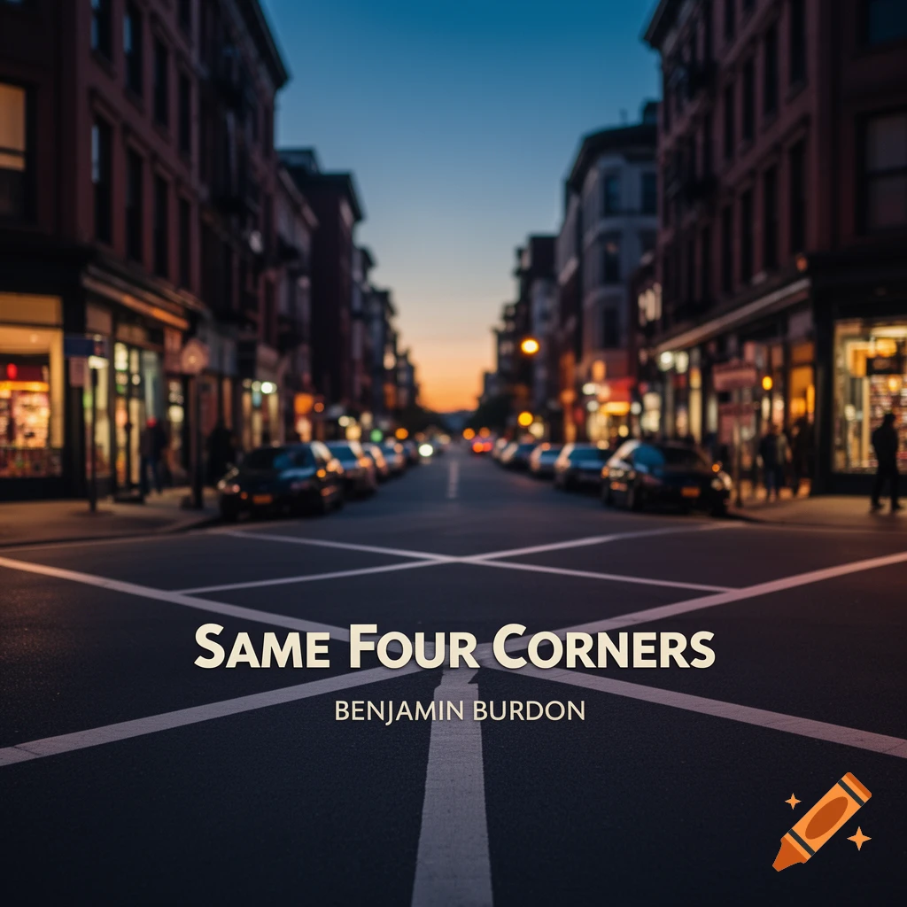 A dusk view of a city street at an intersection, with buildings and parked cars lining both sides, serving as a song cover.