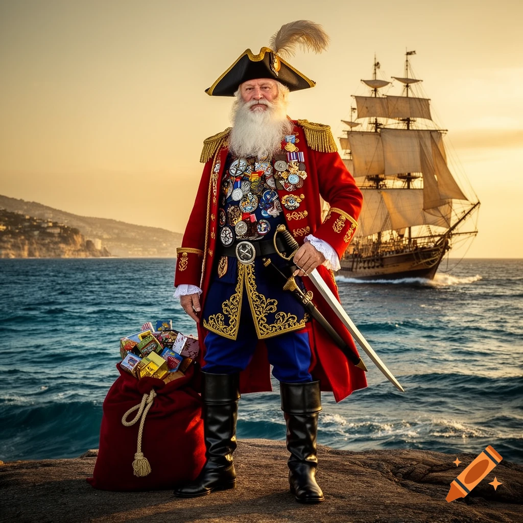 A Santa-like pirate captain with a white beard, red uniform, and sword stands on a beach with a bag of gifts and a tall ship.