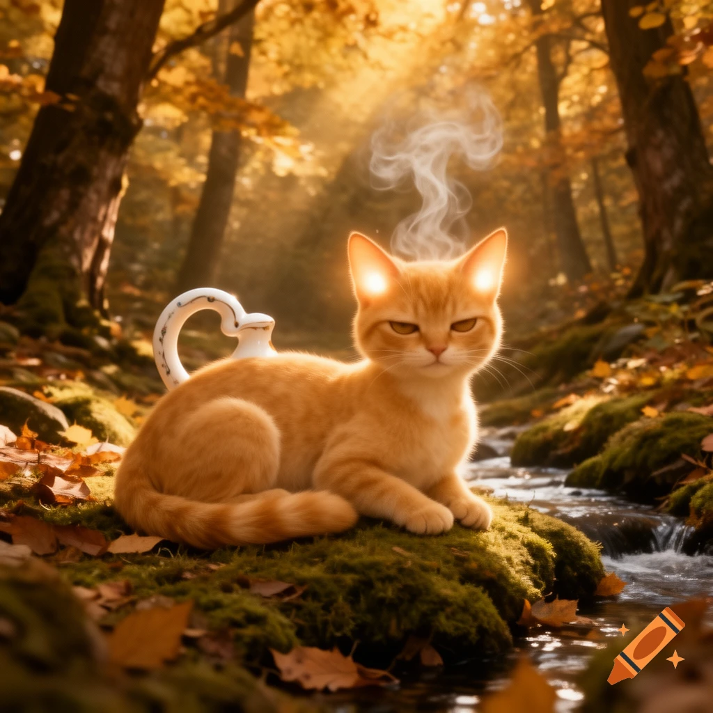 An orange cat-like mythical creature with a teapot handle on its back rests on moss by a stream in a sunlit autumnal forest.