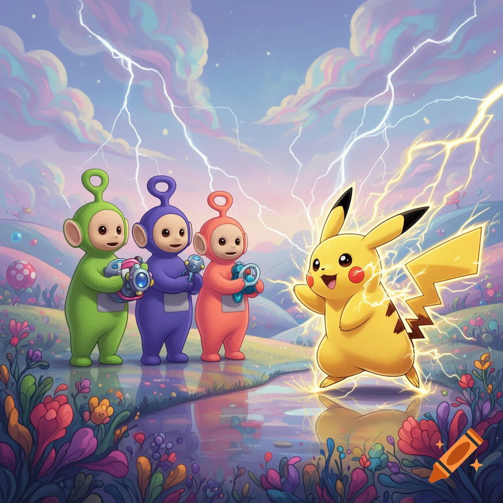 Three colorful Teletubbies watch a glowing Pikachu surrounded by lightning in a whimsical, cartoon landscape.