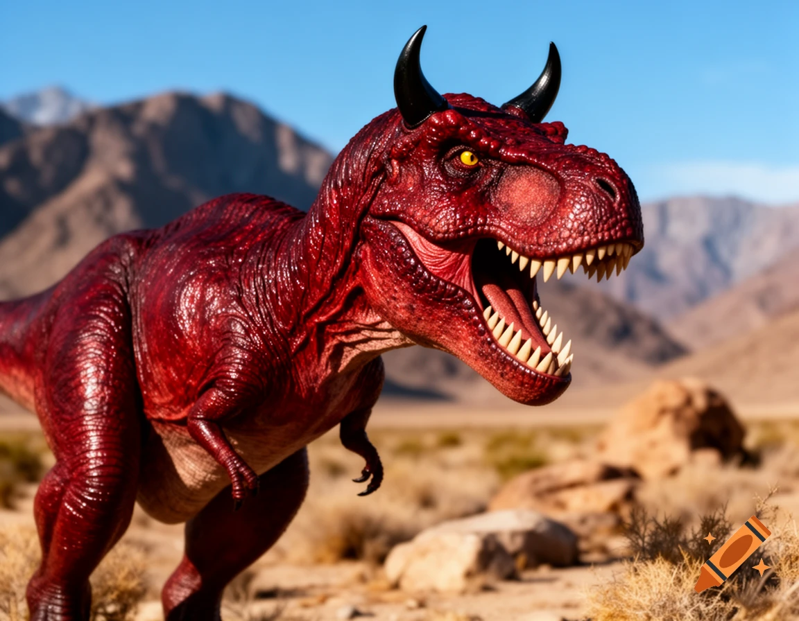 Photorealistic red Tyrannosaurus Rex with black devil horns, roaring with an open mouth, standing in a sunny desert with mountains.