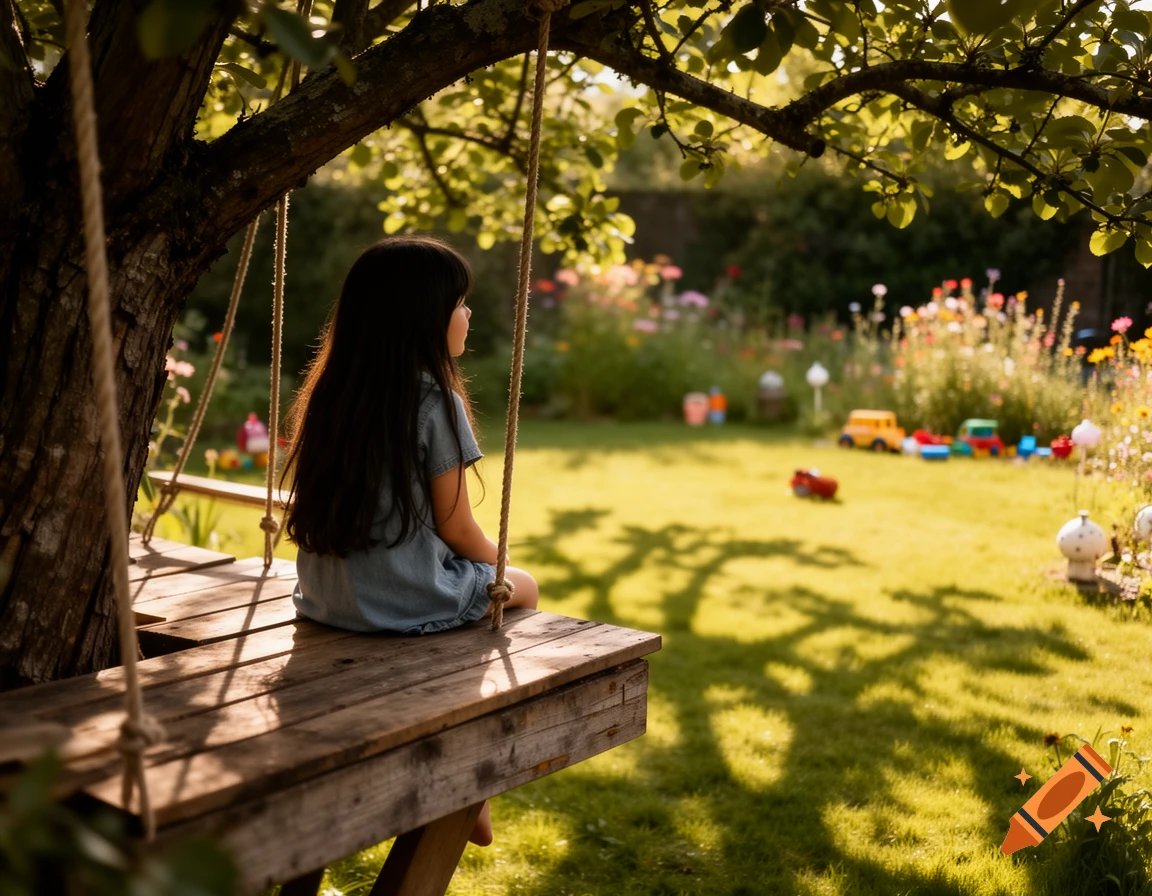 Photorealistic image of a girl with long dark hair sitting on a wooden tree swing, looking at a sunny garden with toys and flowers.