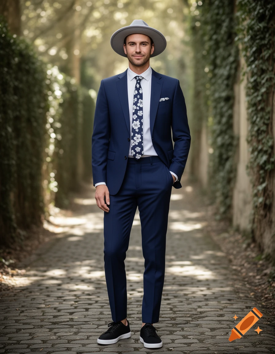 A man in a navy blue suit, white shirt, floral tie, black sneakers, and a grey hat stands on a cobblestone path lined with ivy.