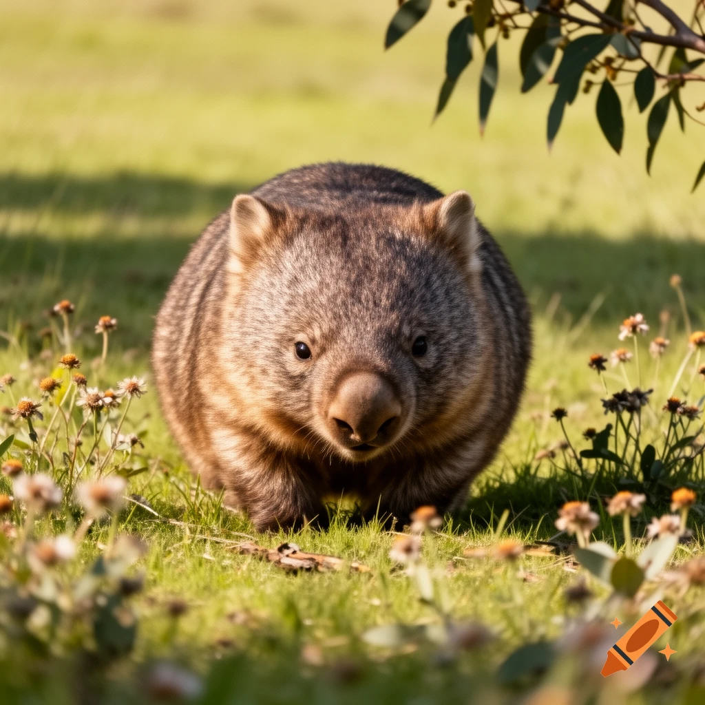 A cute wombat gazes forward from a sunny grassy field with wildflowers and dappled light.
