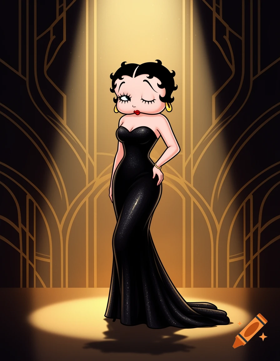 Betty Boop in a sparkling long black strapless gown, standing in a golden spotlight against an art deco background.