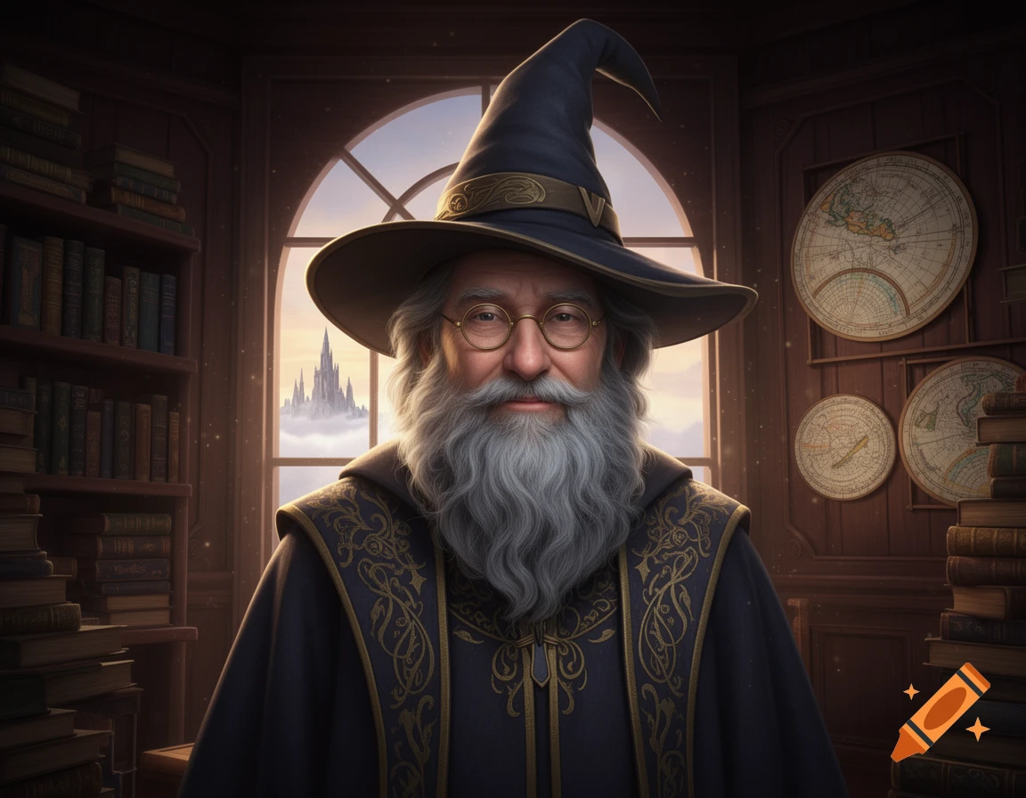 A wise old wizard with a long grey beard, glasses, and a pointy hat stands in a grand study with books and maps, a castle visible through a window.