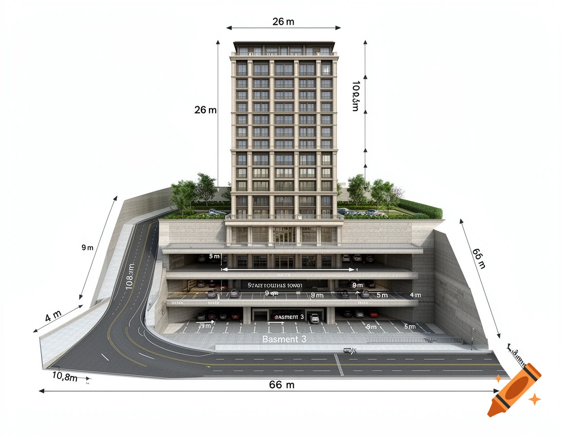 Architectural diagram of a multi-story building with three underground parking levels, access ramps, surrounding terrain, and dimensions.