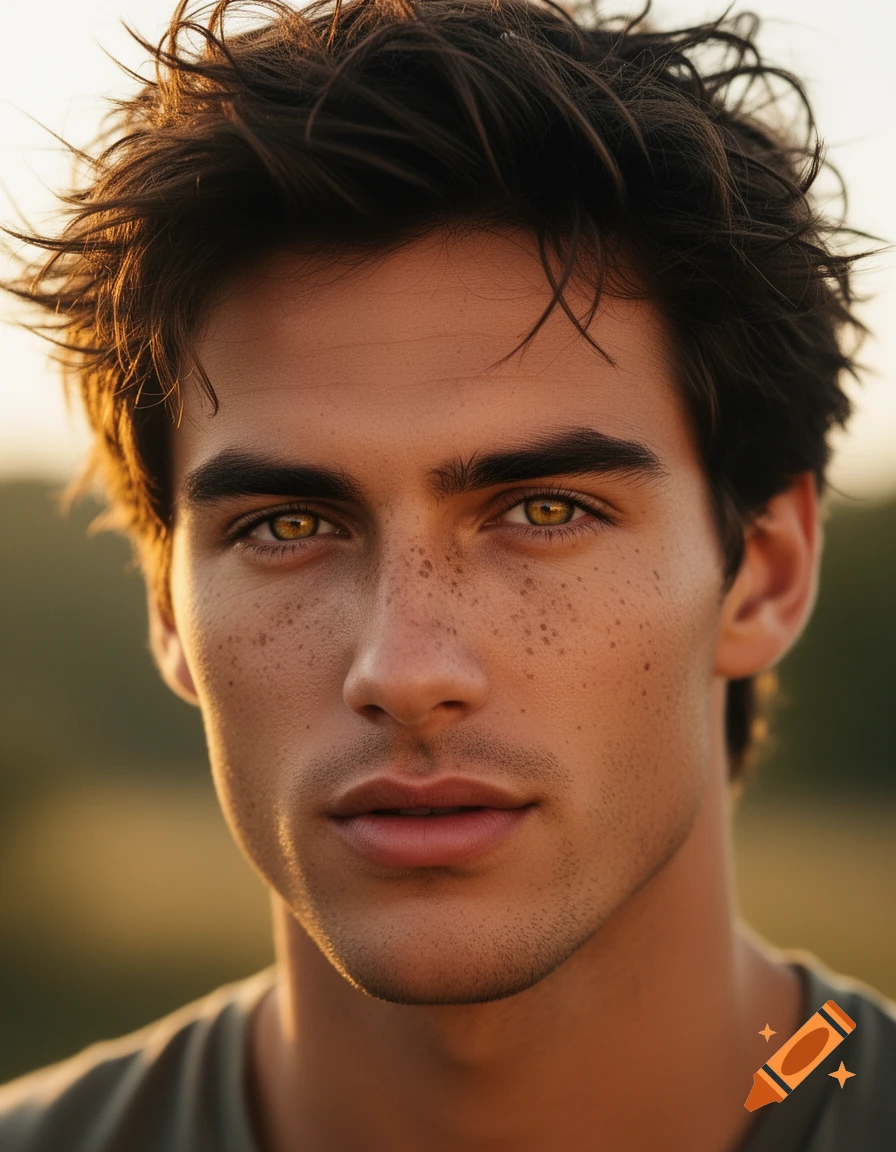 Close-up photorealistic portrait of a handsome man with messy dark hair, hazel eyes, and freckles, in golden hour lighting.