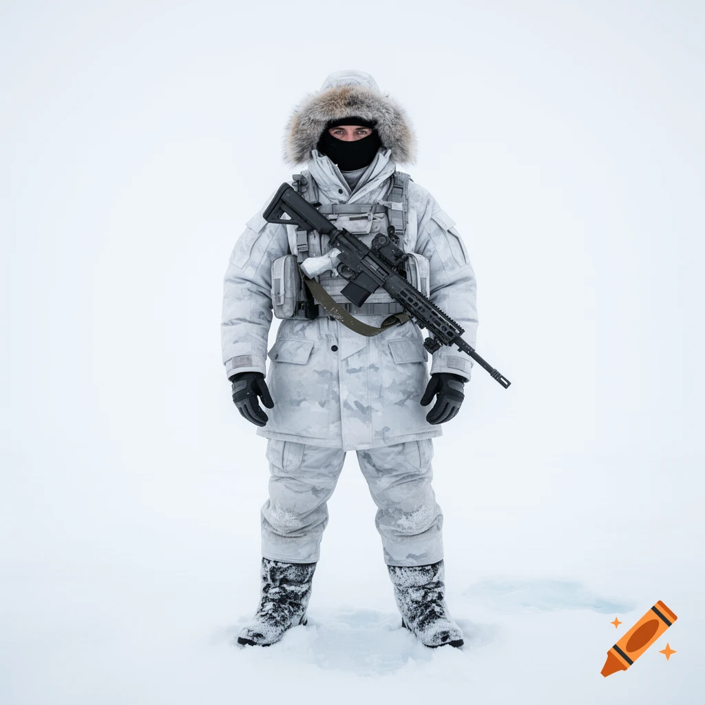 A photorealistic image of an arctic soldier in white camouflage, holding a rifle, standing in a snowy landscape.