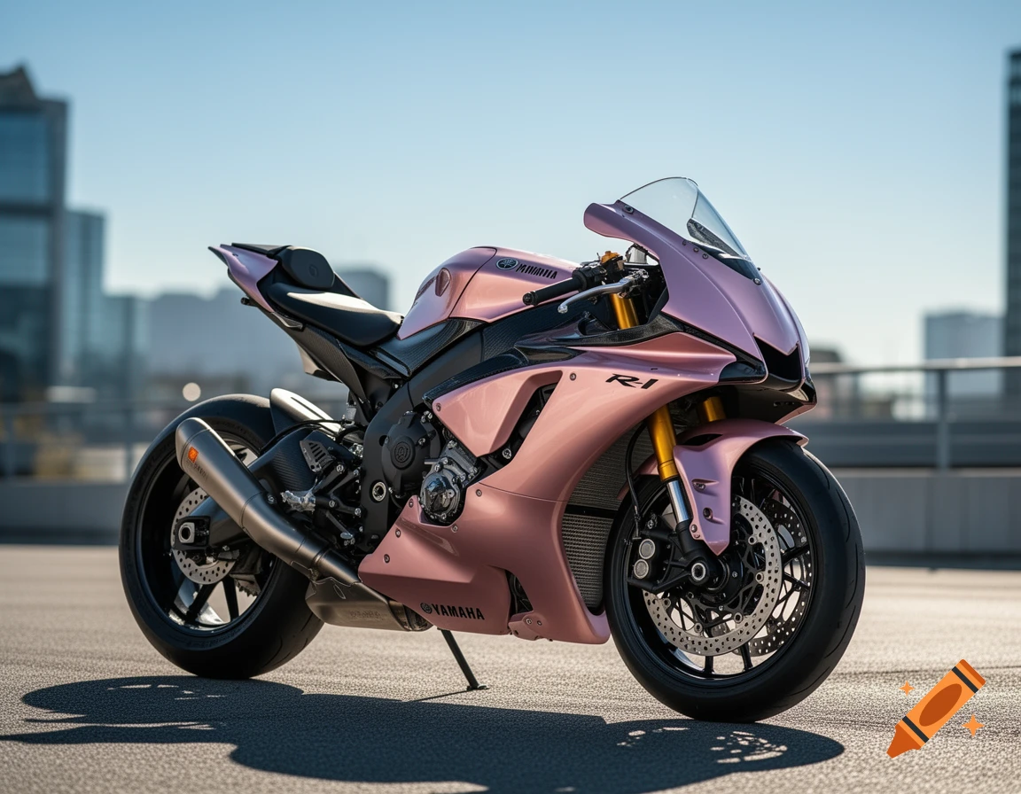Rose gold Yamaha R1 sport bike parked on a sunlit urban rooftop with buildings in the background.