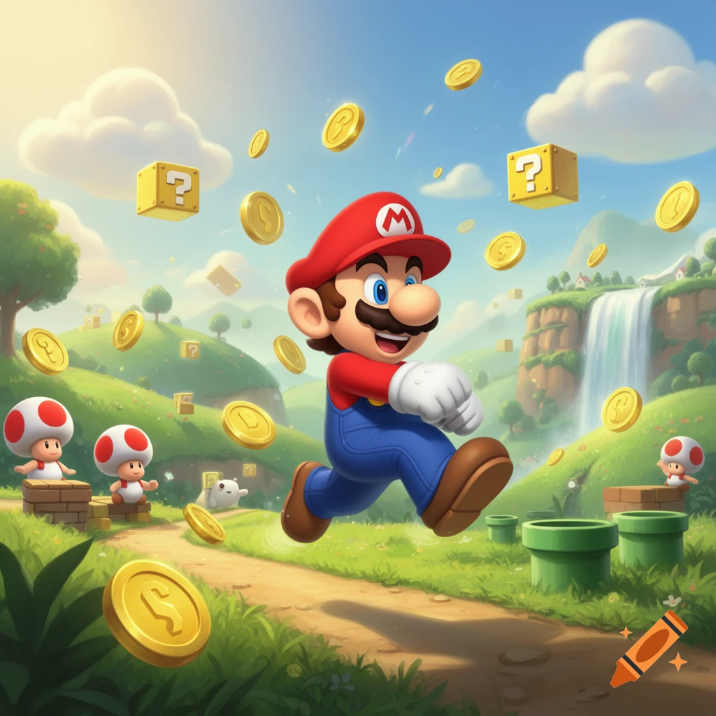 Mario runs through a vibrant Super Mario Bros. landscape with floating gold coins, question blocks, pipes, Toads, and a waterfall.