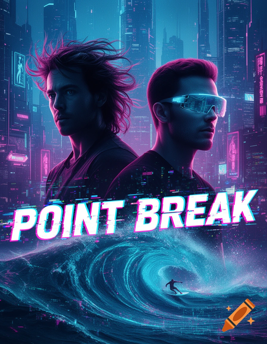 Cyberpunk movie poster for 'Point Break' featuring two men with neon highlights, a futuristic city, and a surfer on a glowing wave.