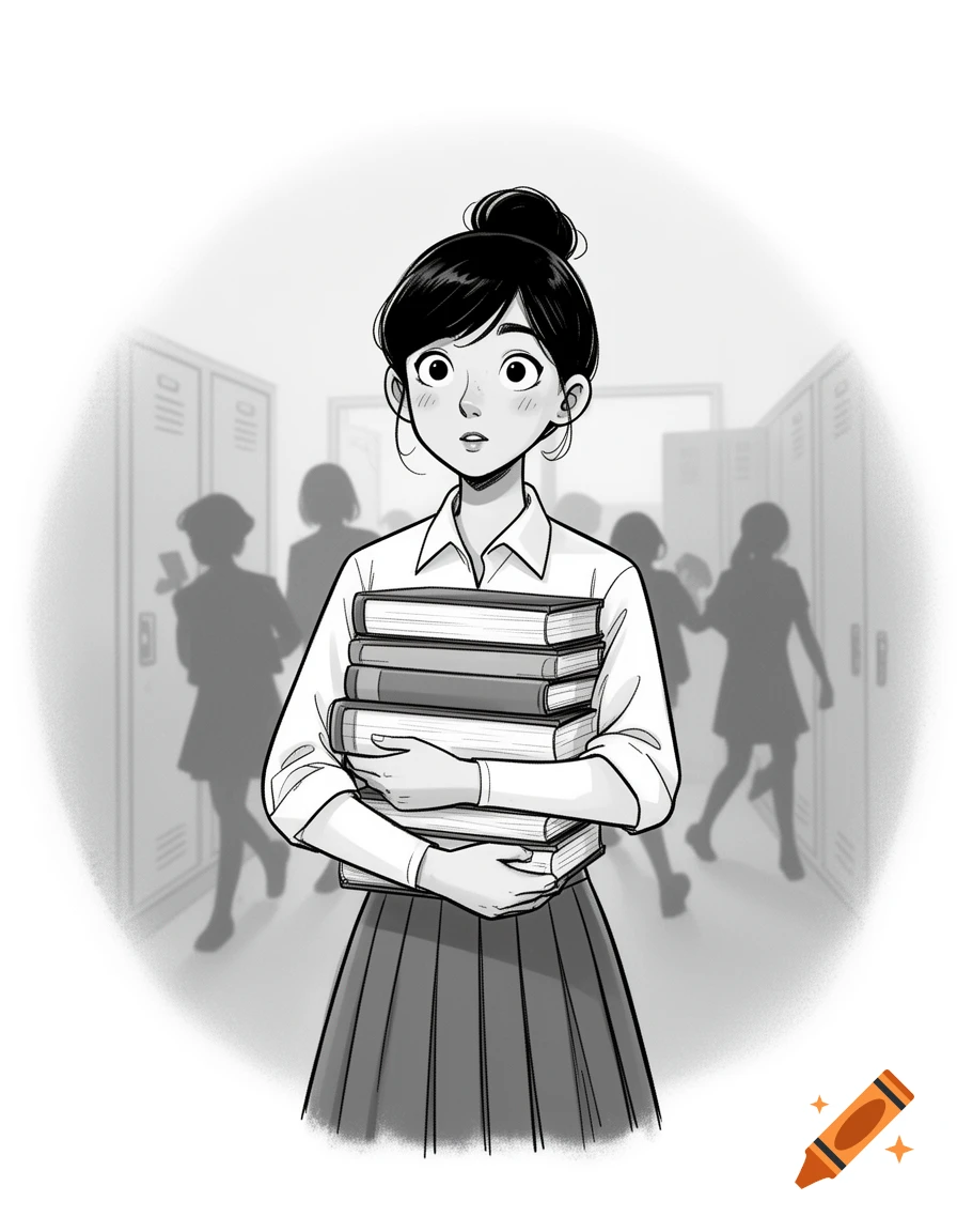 Black and white cartoon of a female student with a bun, holding a stack of books in a school hallway with blurred figures.