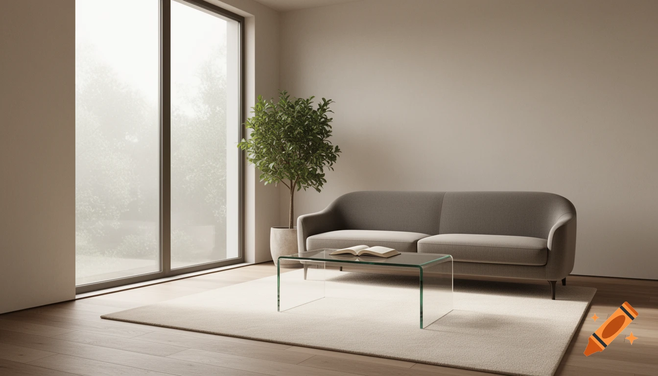 A modern, minimalist living room with a gray sofa, a glass coffee table with a book, and a potted plant next to large windows.