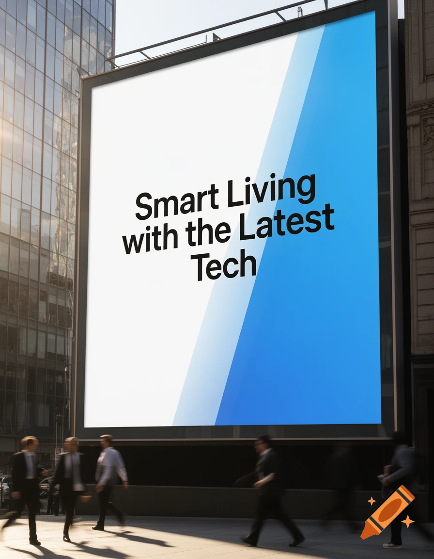 A large billboard in a city displays 'Smart Living with the Latest Tech' on a white and blue background, with blurred pedestrians walking by.