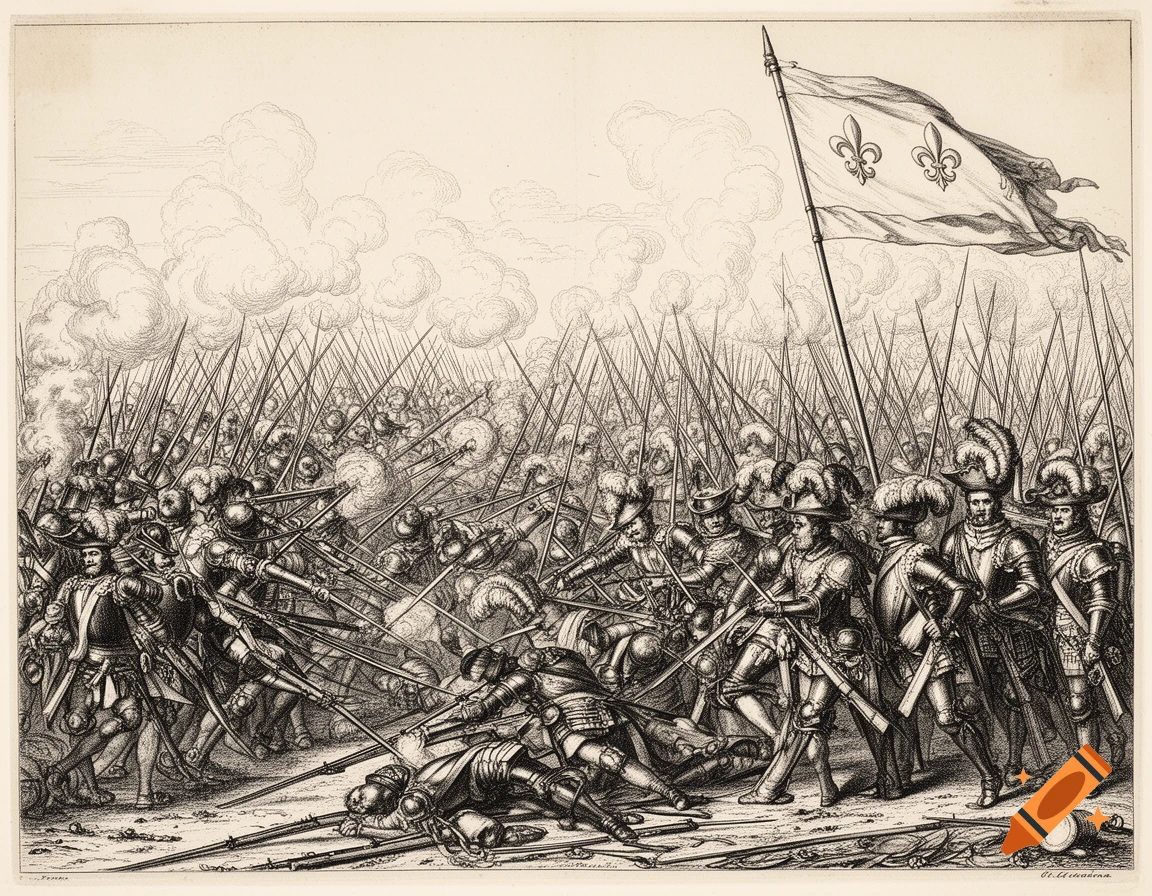 A detailed black and white line drawing of a historical battle during the Thirty Years' War, with armored soldiers fighting.