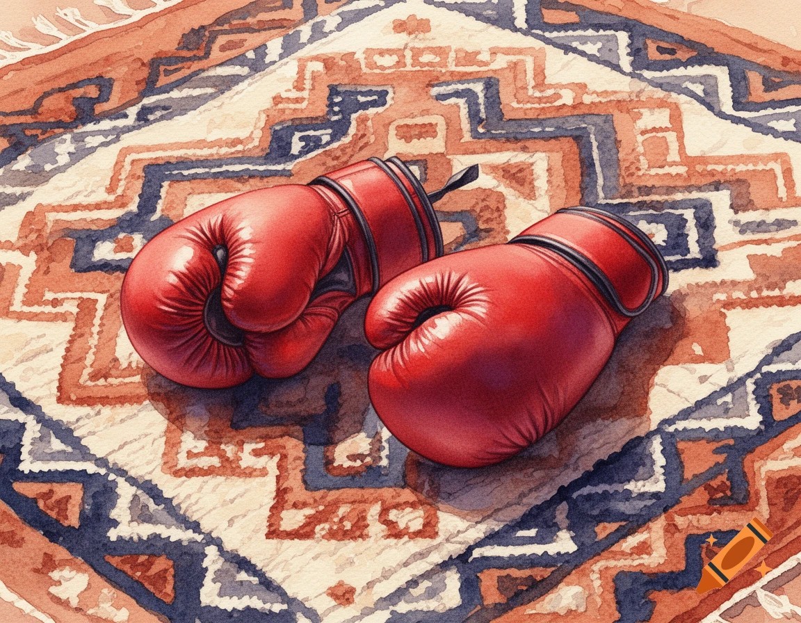 Two red boxing gloves rest on a patterned Berber rug, rendered in a watercolor painting style with visible brushstrokes.