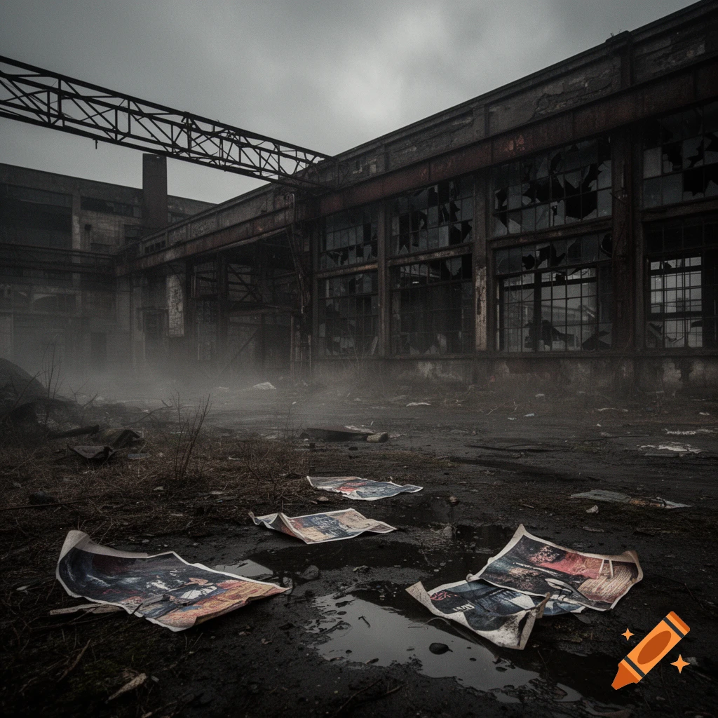 A dark, foggy image of a dilapidated industrial building with broken windows and crumpled papers on the muddy ground.