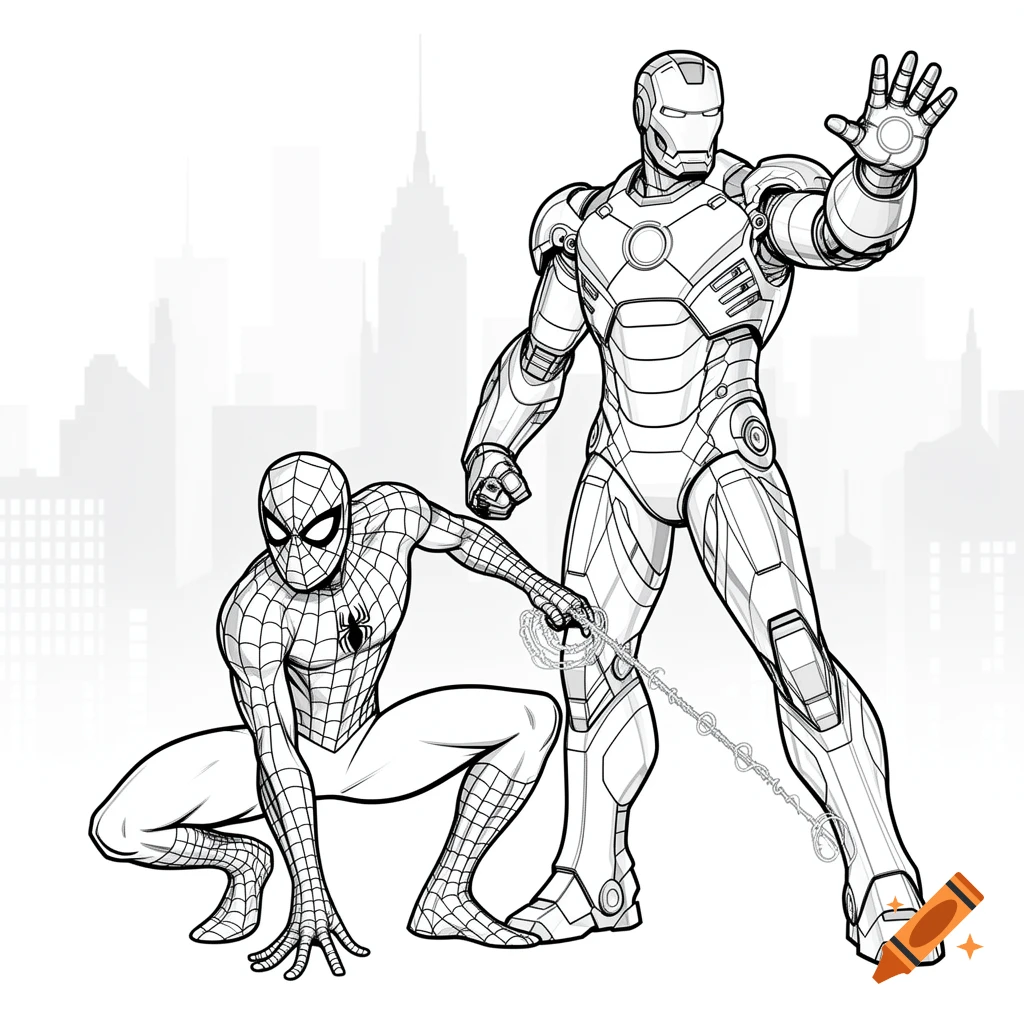 Black and white line art coloring page of Spider-Man crouching next to a standing Iron Man, with a city skyline in the background.
