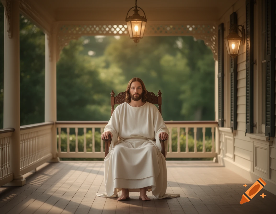 Photorealistic depiction of Jesus in a white robe, seated in a wooden chair on a sunlit verandah with lanterns and greenery.