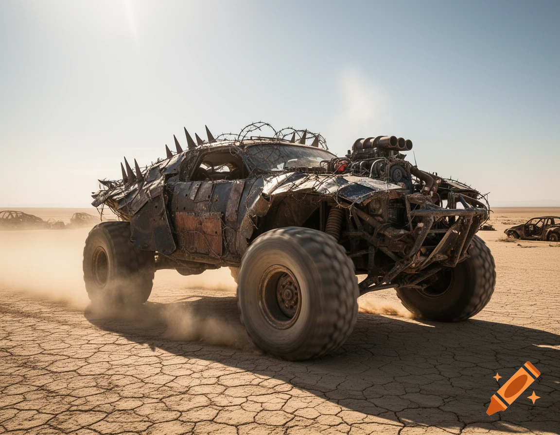 A heavily armored, spike-covered post-apocalyptic car kicks up dust in a dry desert under a bright sky, with other wrecked vehicles in the background.