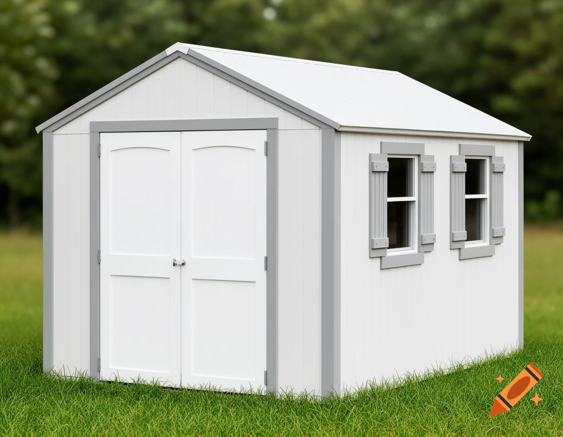 A white A-frame vinyl shed with gray trim, double white doors, and two windows with gray shutters, sitting on green grass.