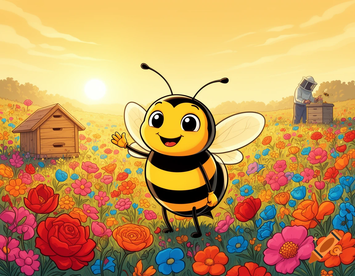 A vibrant 2D cartoon illustration features a cheerful bee waving in a sunny meadow filled with colorful flowers and a beehive, with a beekeeper in the distance.