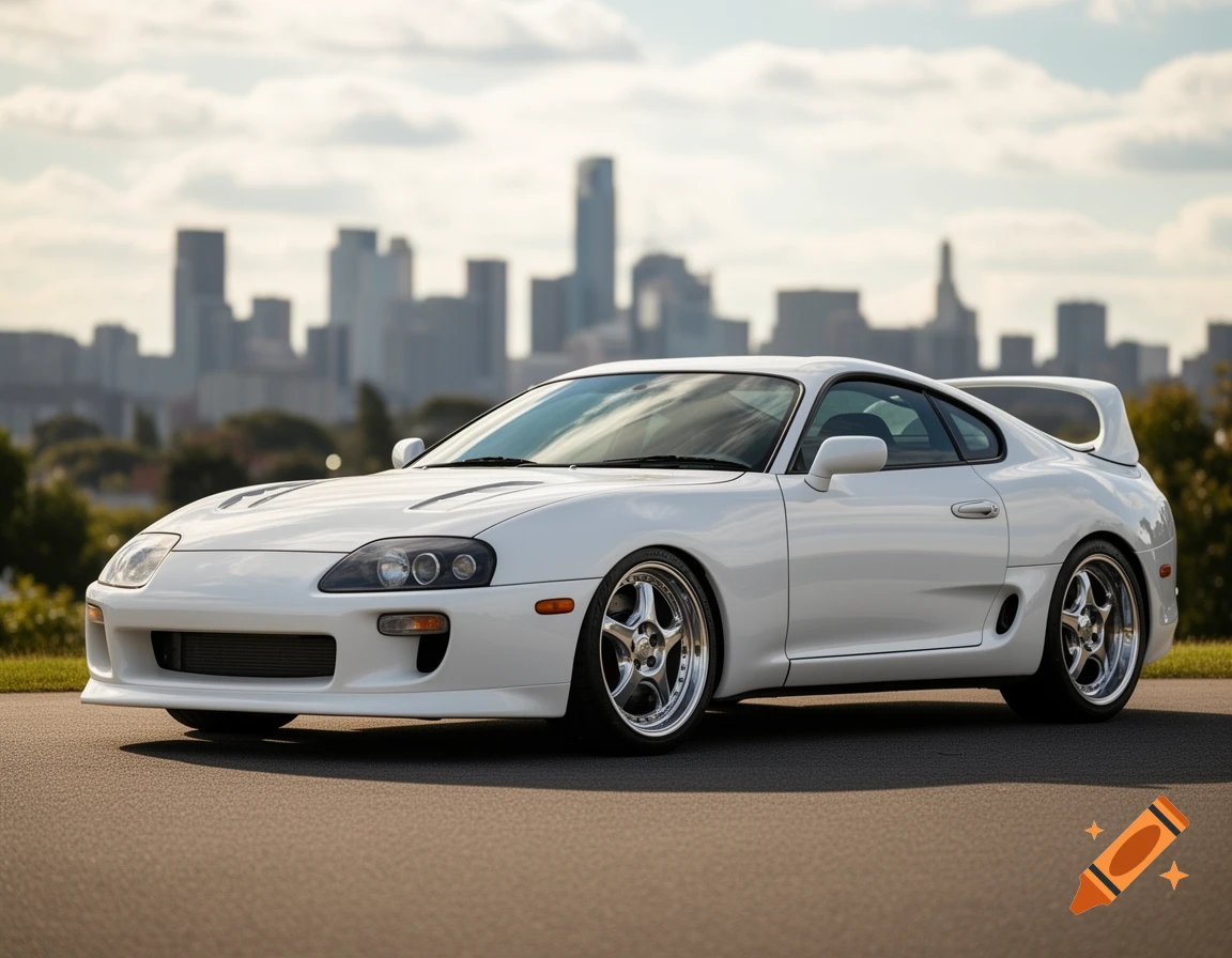 A pristine white Toyota Supra MK4 sports car is parked on an asphalt road with a blurred city skyline under a cloudy sky.