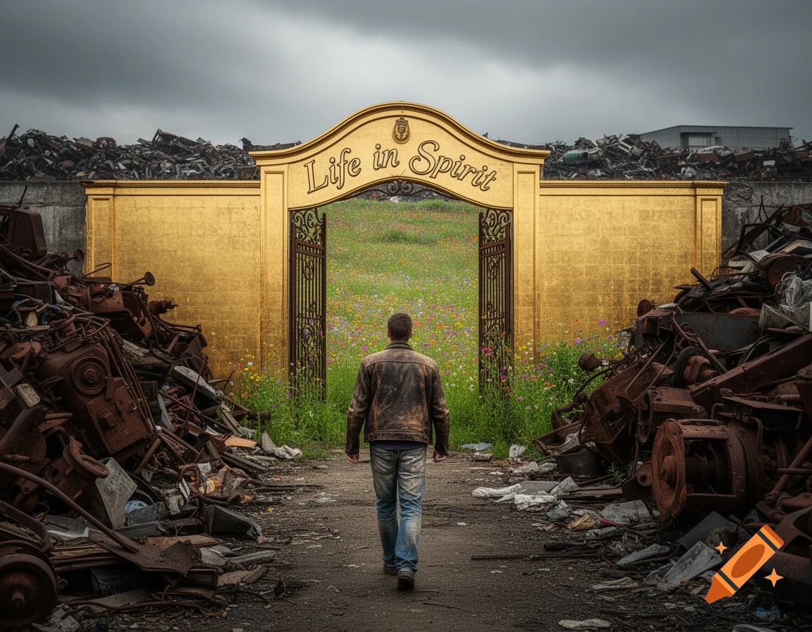 A man walks from a junkyard toward a golden gate reading 'Life in Spirit,' opening to a wildflower meadow under a cloudy sky.