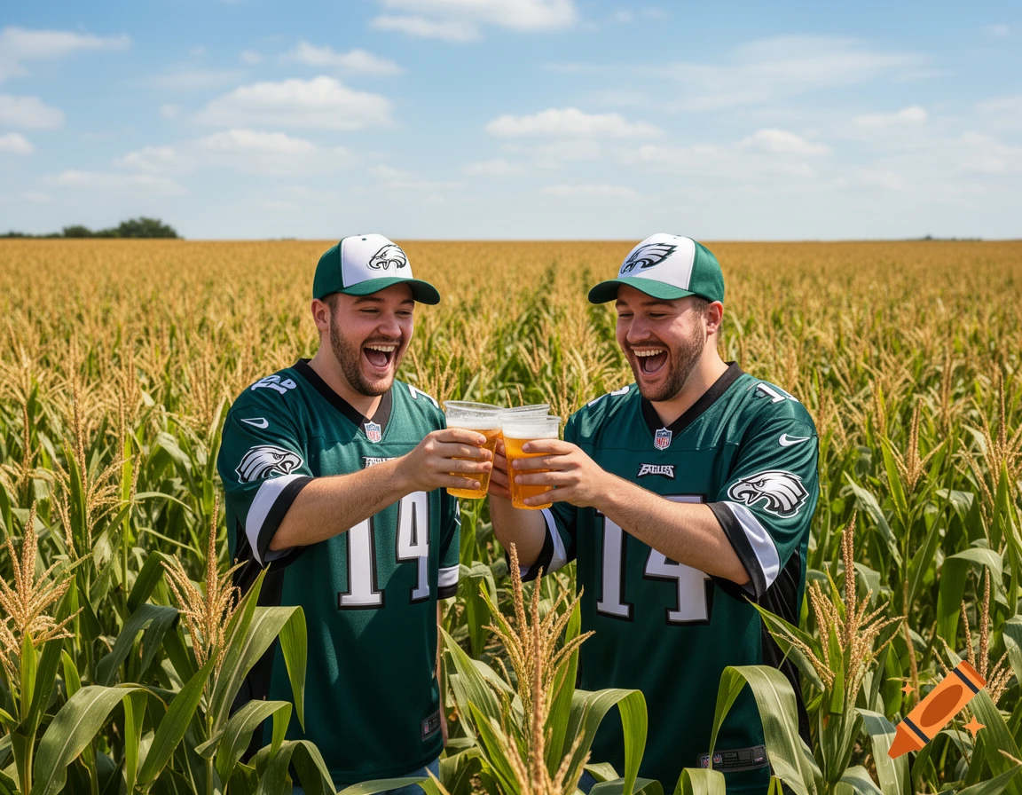 Two laughing men in Philadelphia Eagles jerseys and caps clink glasses of beer in a sunny cornfield.