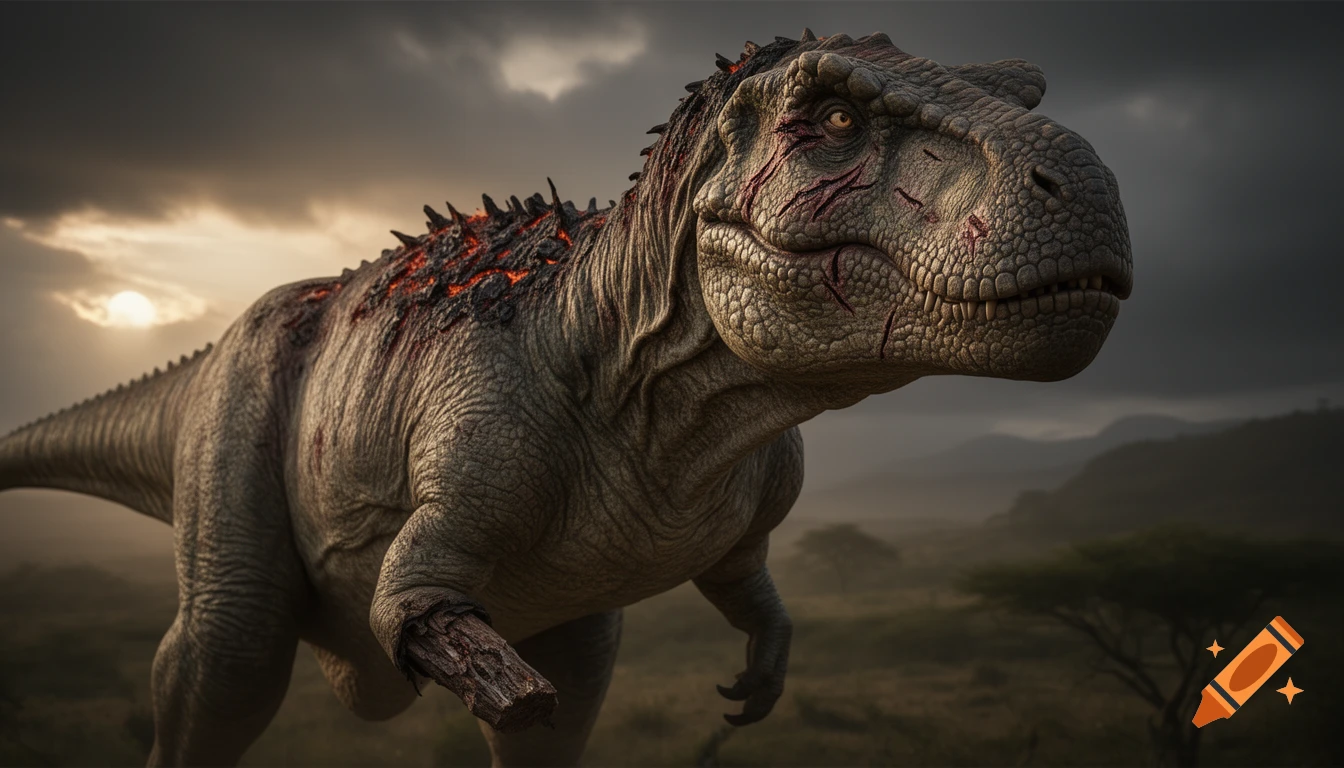 A photorealistic dinosaur with a missing arm, battle scars, and burn marks on its back, standing in a dramatic prehistoric landscape.