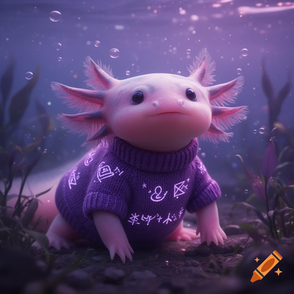 A cute, pink axolotl in a purple sweater with glowing symbols, sitting on the seabed amidst plants and bubbles in a purple-hued underwater scene.