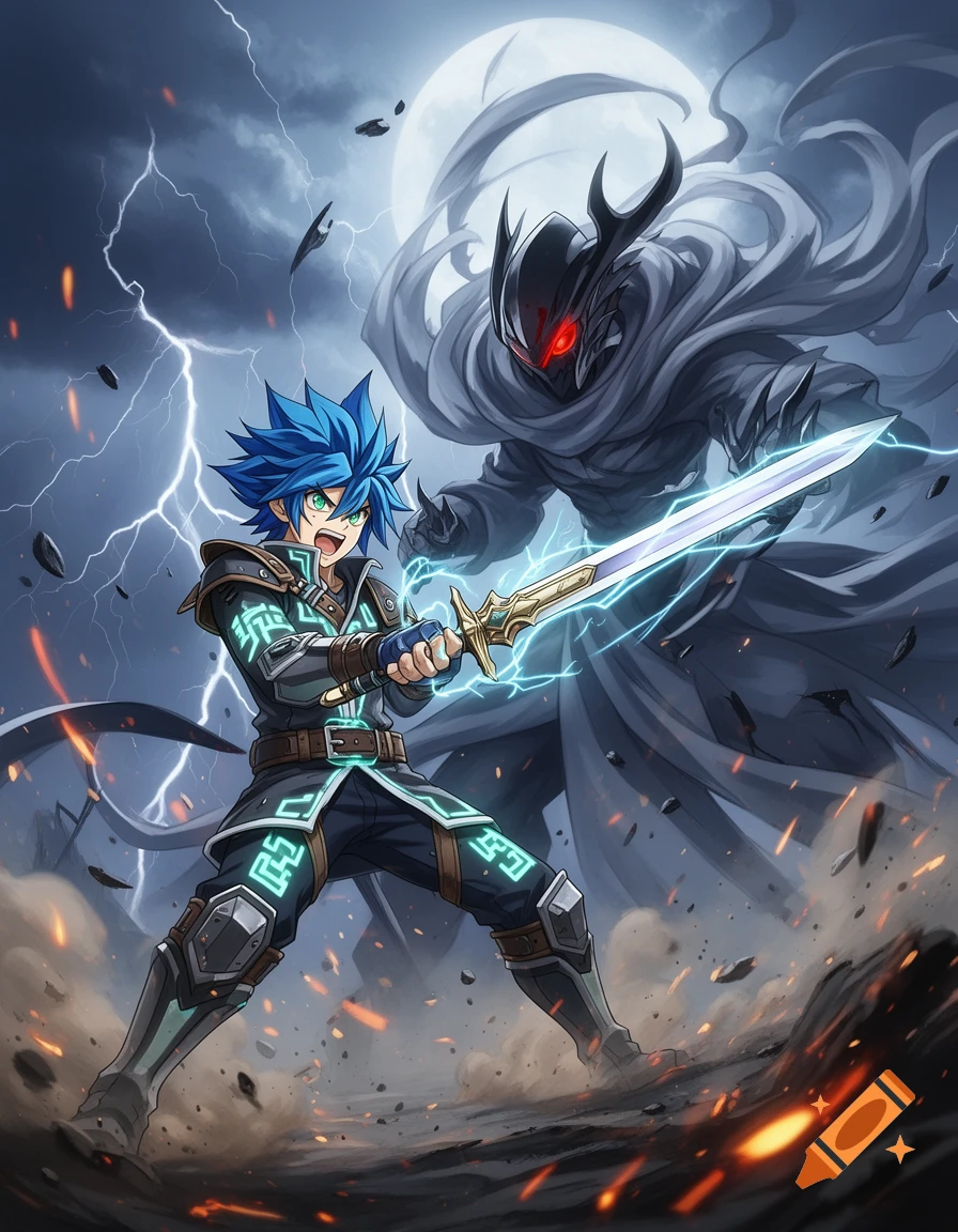 Anime hero with blue hair and glowing sword battles a shadowy monster under a stormy, moonlit sky.