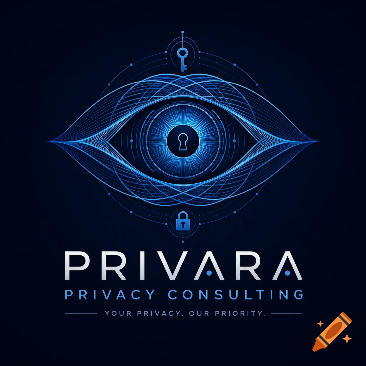 Sleek blue digital logo of an eye made of intricate lines, with a padlock and key. Text reads 'PRIVARA PRIVACY CONSULTING YOUR PRIVACY. OUR PRIORITY.'