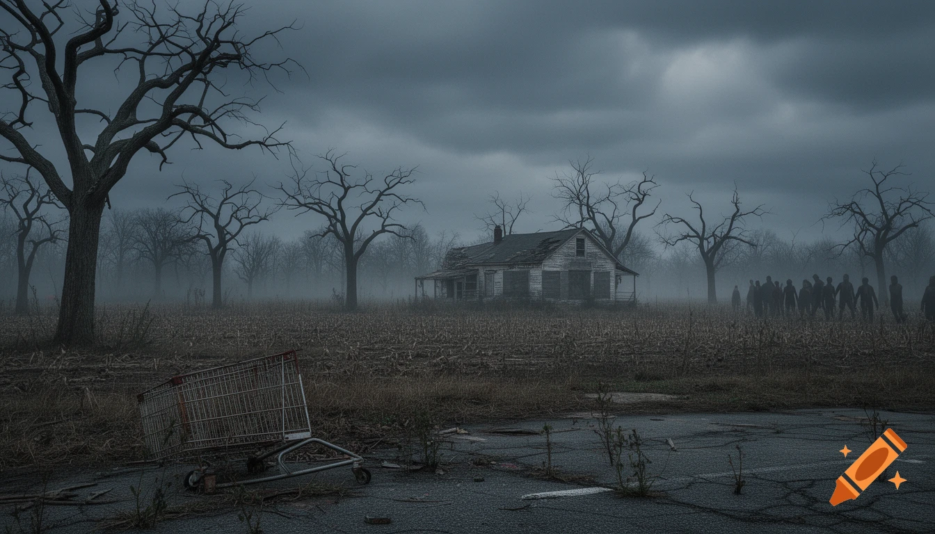 A desolate, foggy post-apocalyptic landscape with an abandoned house, bare trees, a discarded shopping cart, and distant silhouetted figures under a dark sky.
